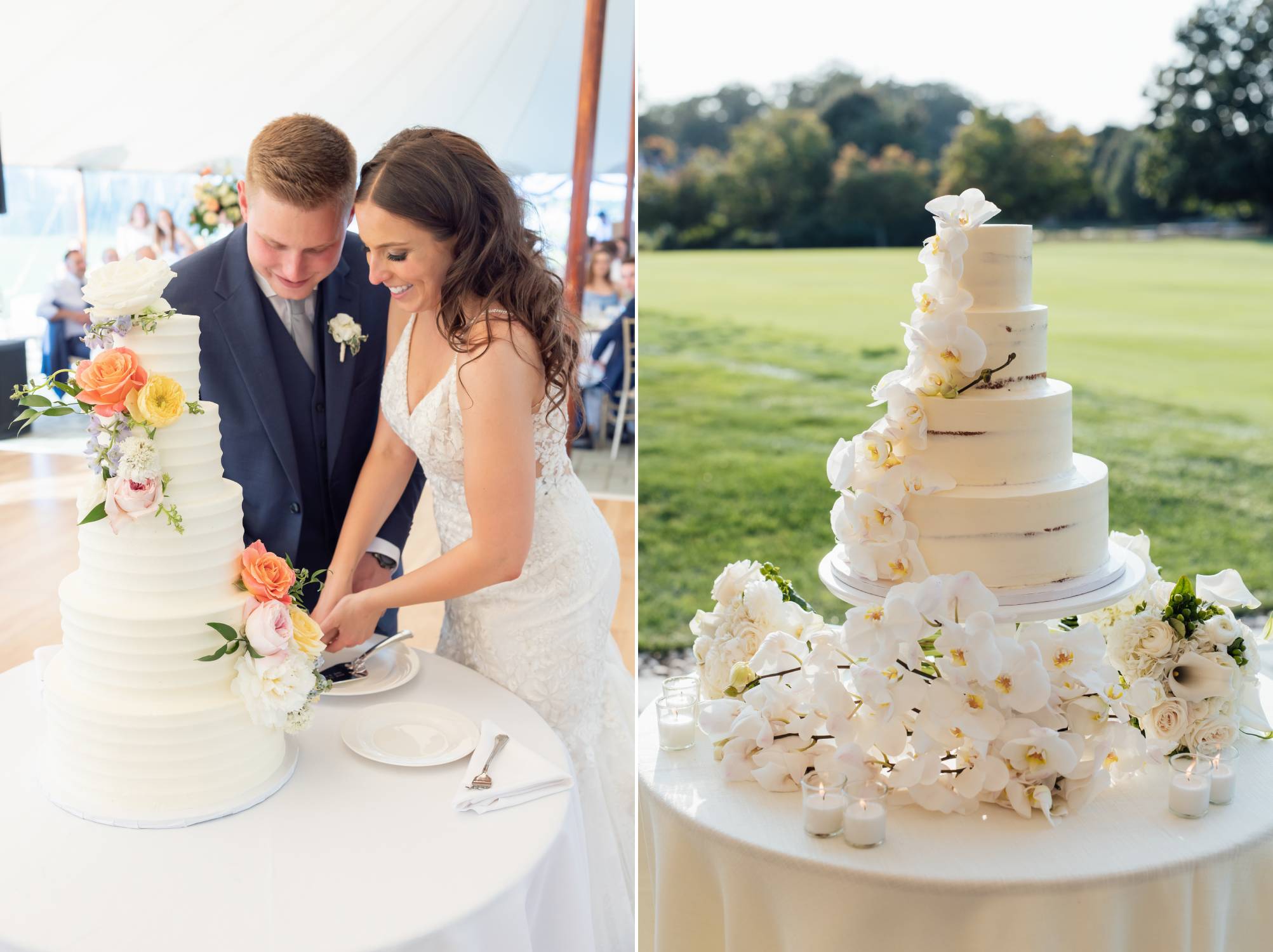 Couple cutting cake and a wedding cake